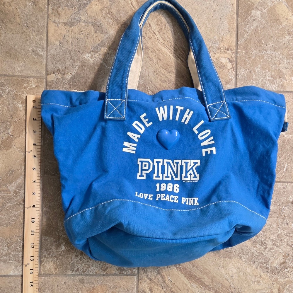 Victoria's Secret PINK Blue Canvas Tote Bag Made With Love 1986 Zip Top - Picture 5 of 13